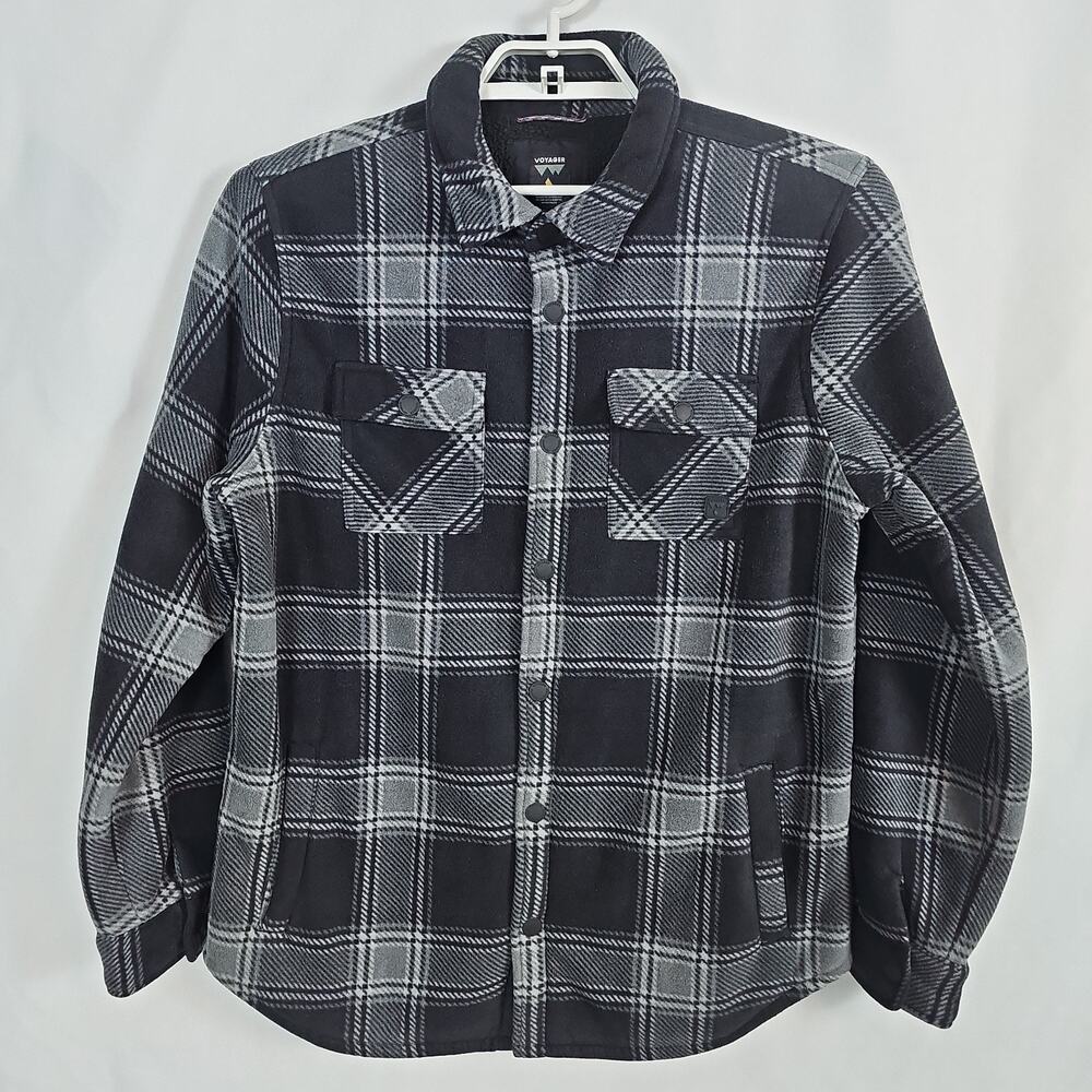 Voyager Men Large Heavyweight Polar Fleece Shirt Jacket Sherpa Lined Black Plaid